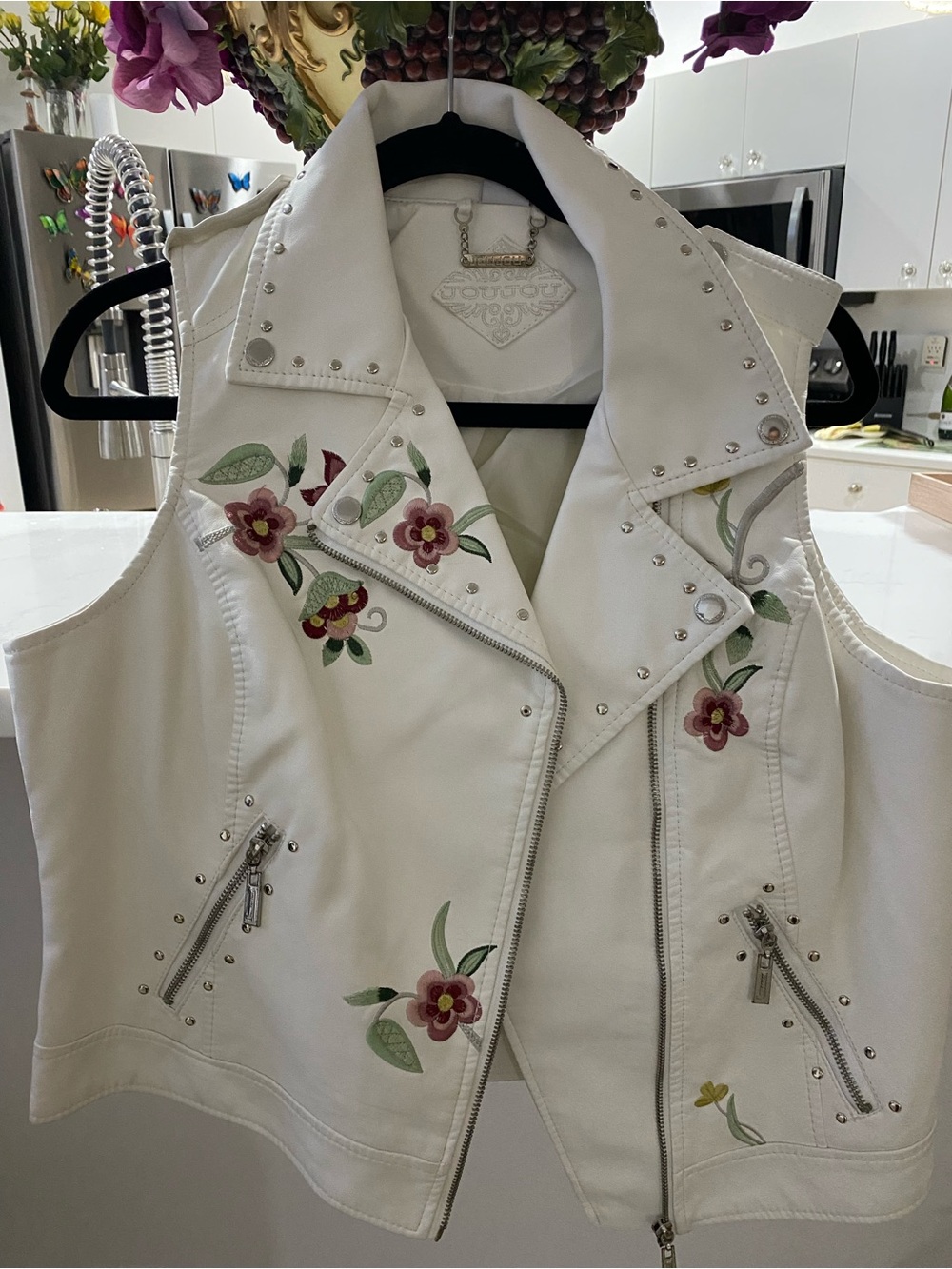 Jou Jou White Floral Embroidered Studded Leather Vest